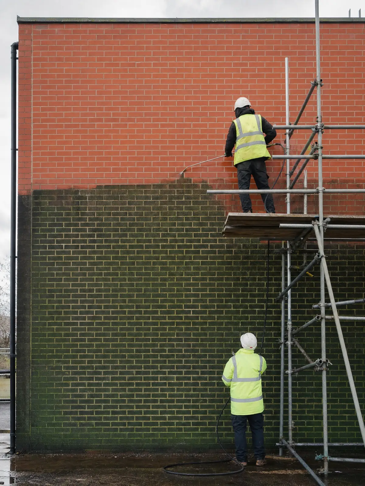A large commercial red-brick wall half cleaned, soiled lower half against restored upper half