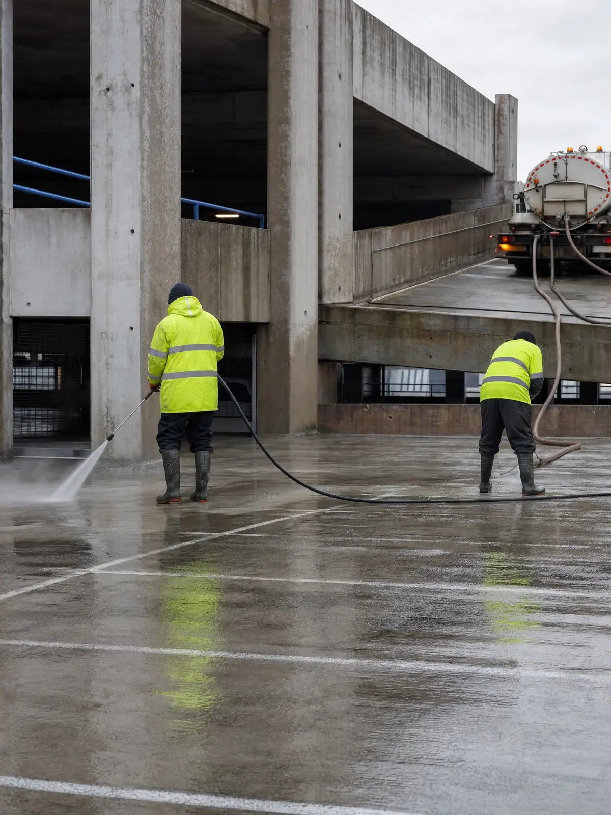 Operatives cleaning a multi-storey car park deck with equipment