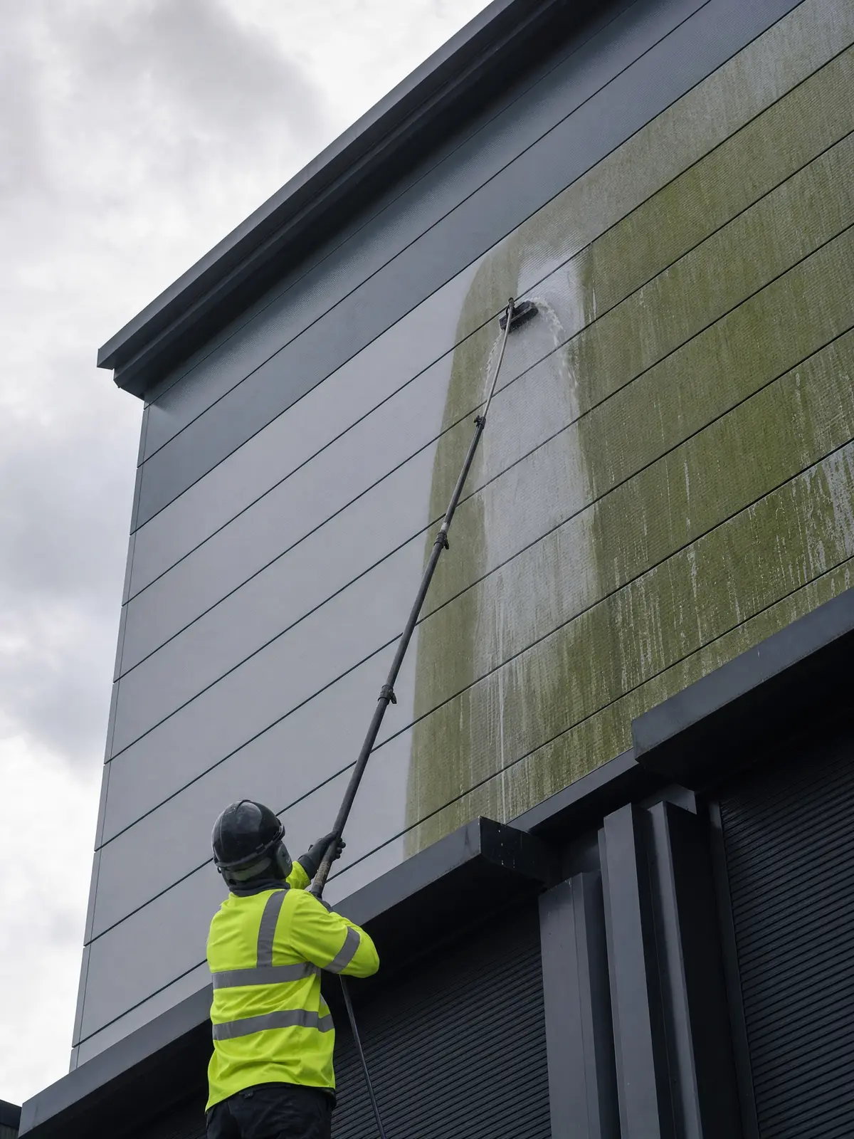 Softwashing metal cladding panels on a commercial unit