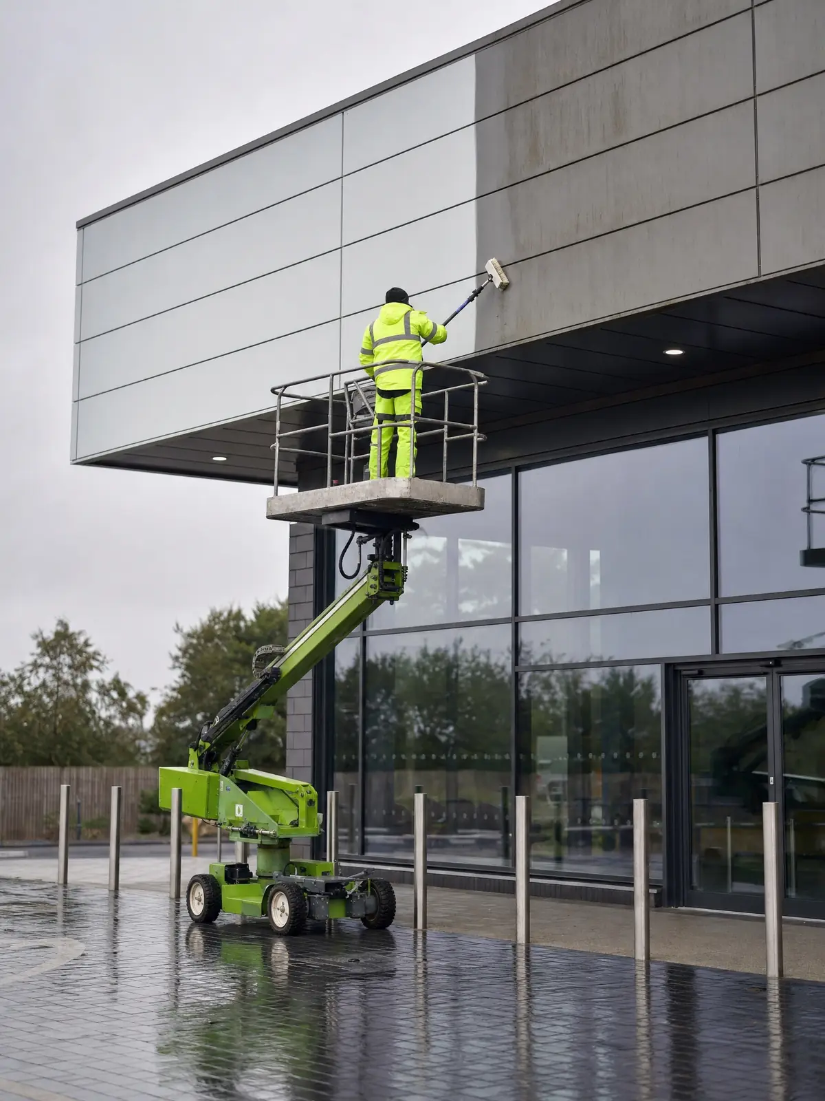 Cleaning composite cladding on a modern retail unit