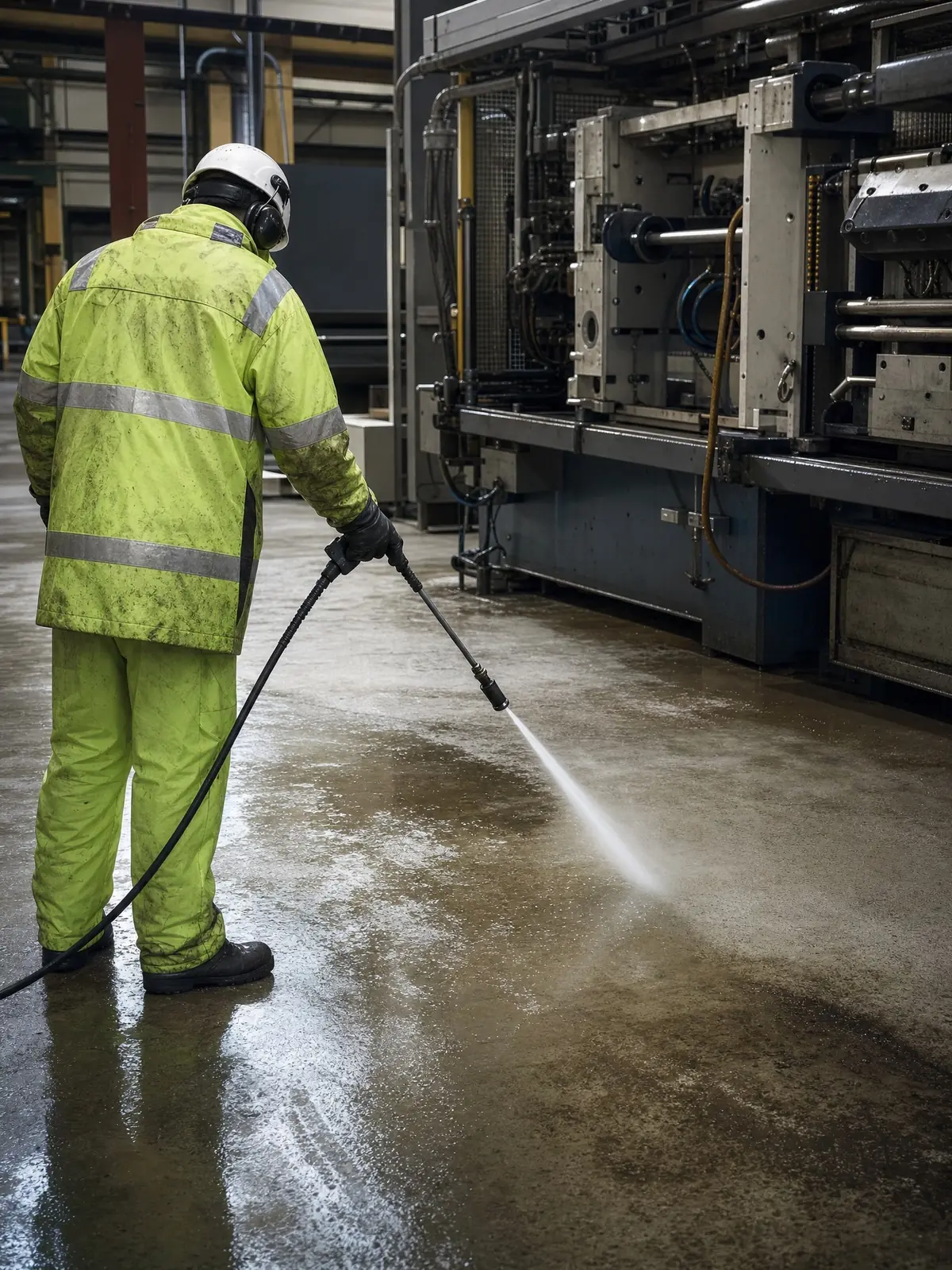 Degreasing an oily concrete factory floor