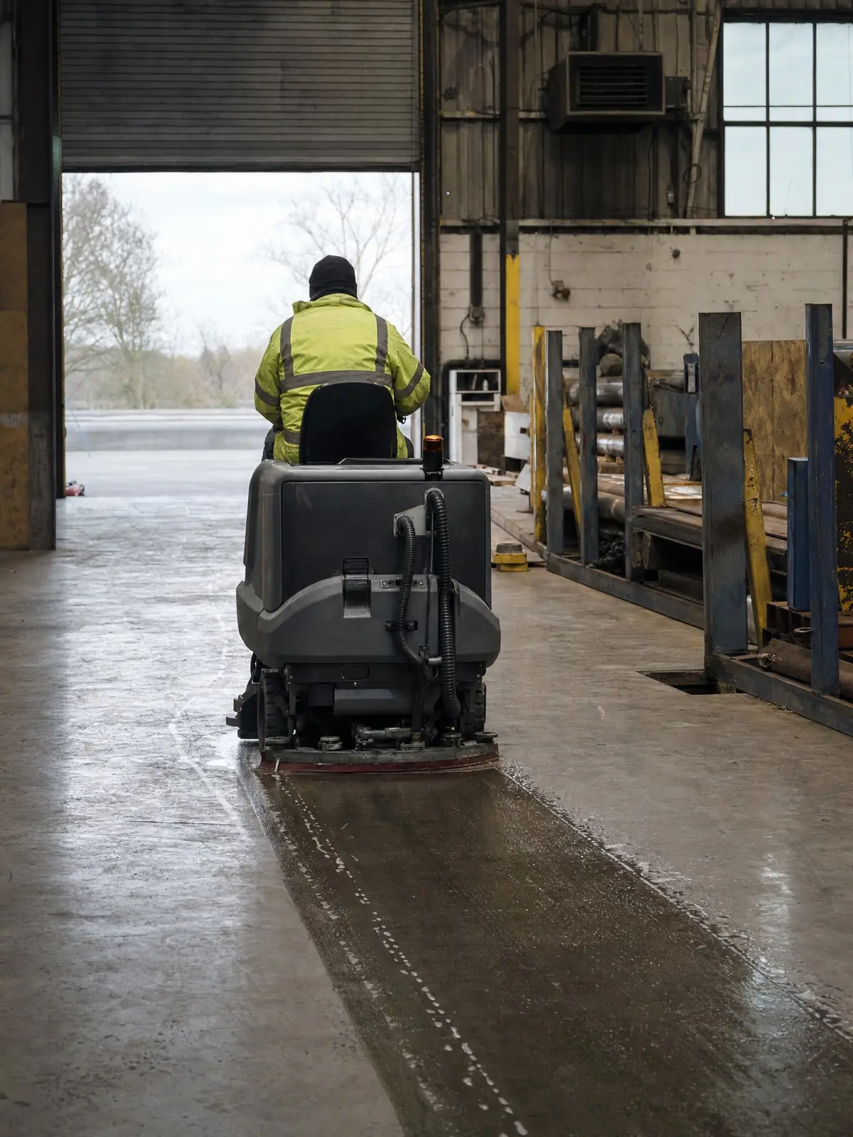 Operative on a ride-on scrubber-drier cleaning a factory floor