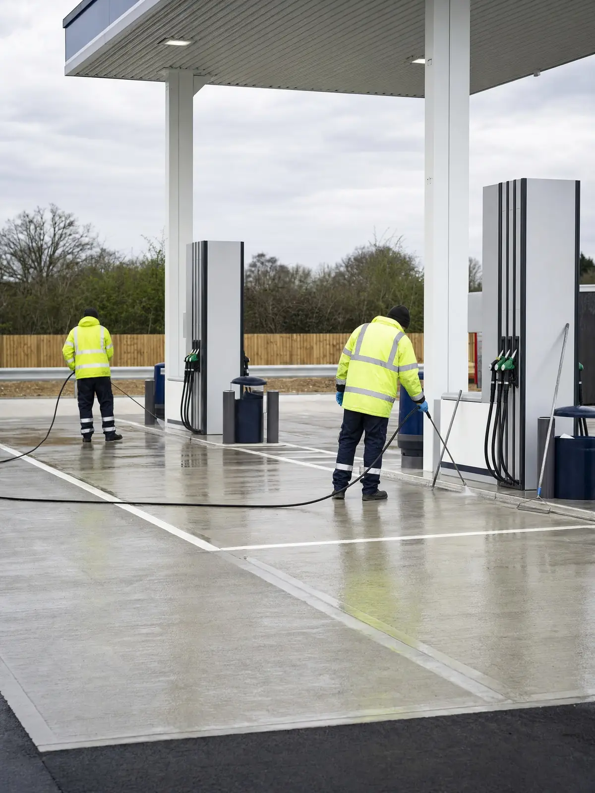 A spotless bright forecourt after cleaning around the pump area