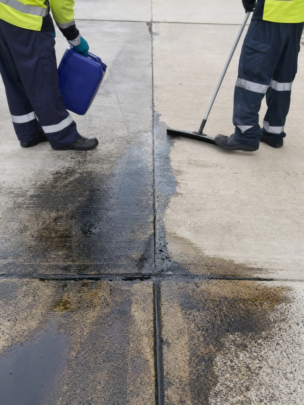 Close-up of slippery oil and fuel residue on forecourt paving