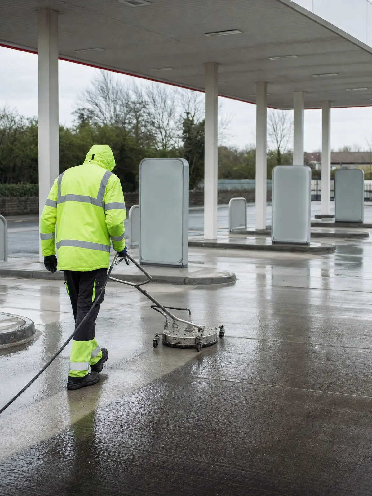 Operative pressure-washing forecourt paving around blank pump islands