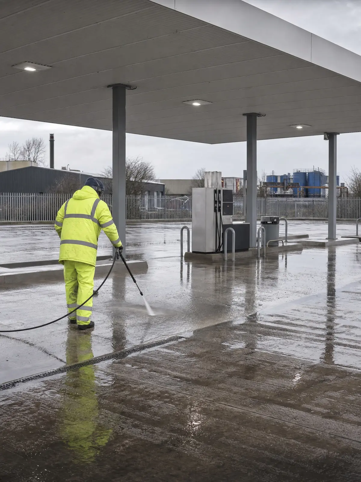 Cleaning a fuel-station forecourt and pump area
