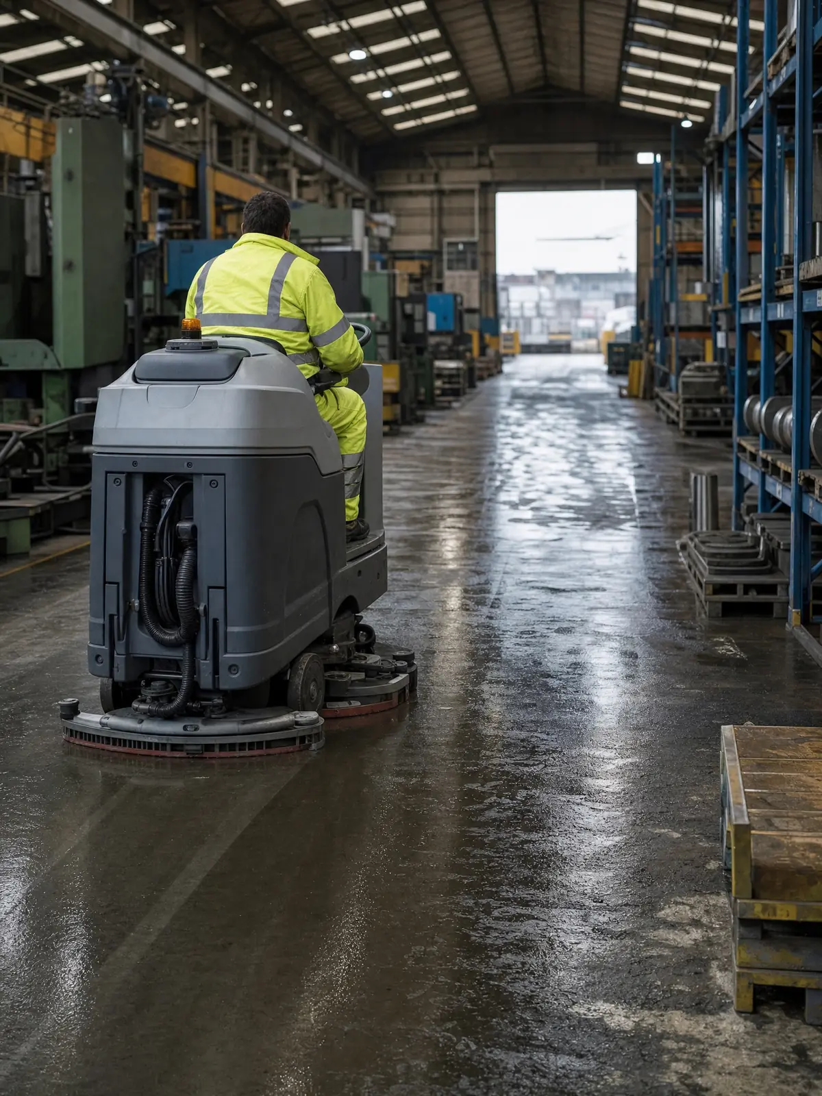 Industrial scrubber-dryer cleaning a large factory floor