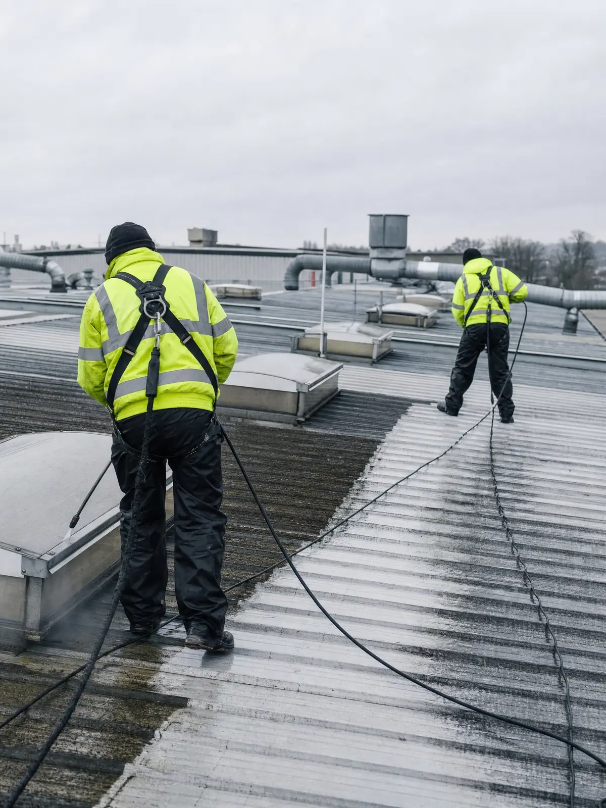 Cleaning a large commercial and industrial roof