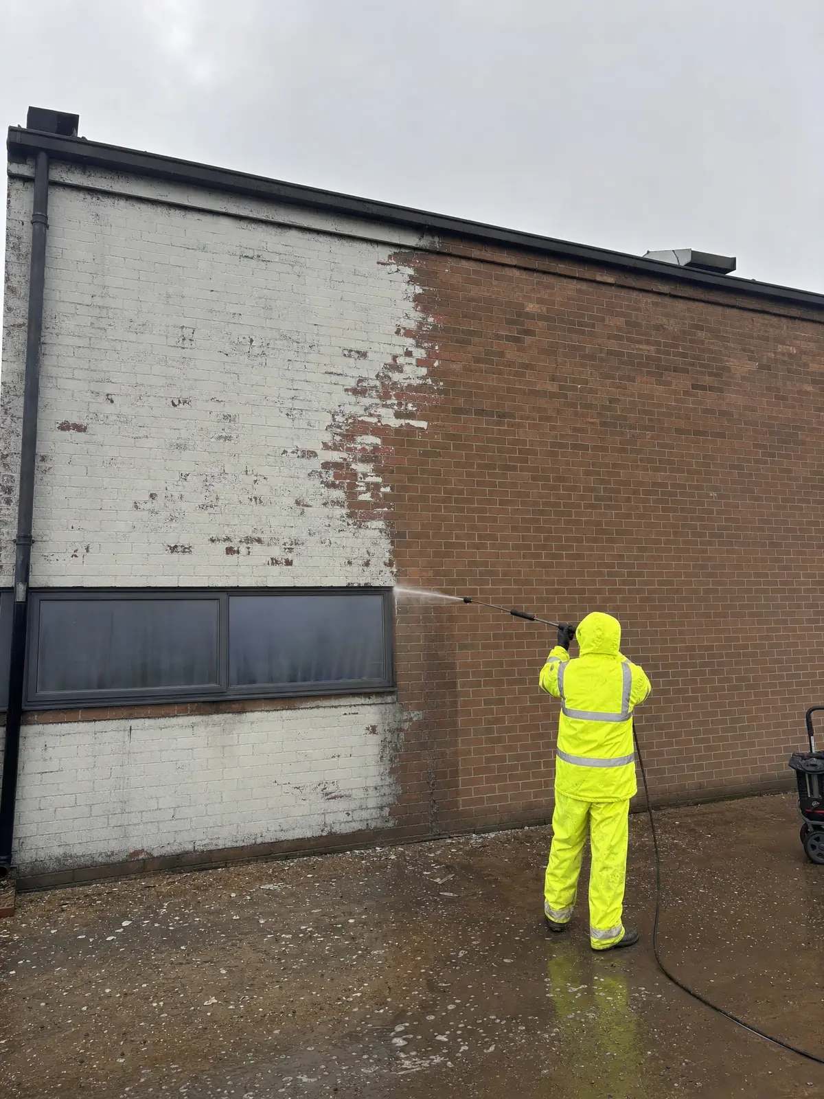 A partially paint-stripped brick facade
