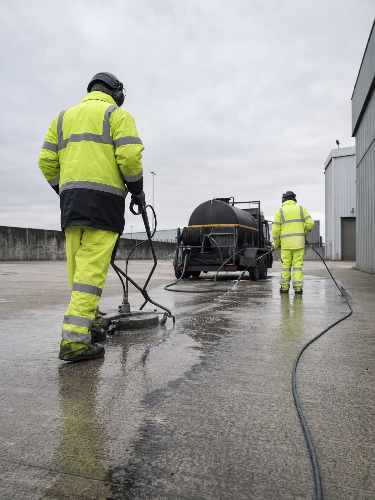 Operatives pressure-washing a large commercial hard-standing with kit