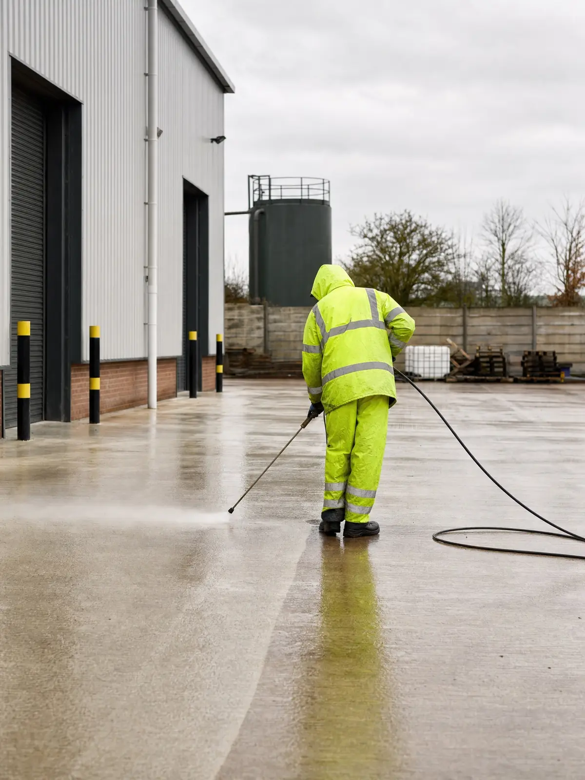A large commercial hard-standing being pressure-washed for a UK business