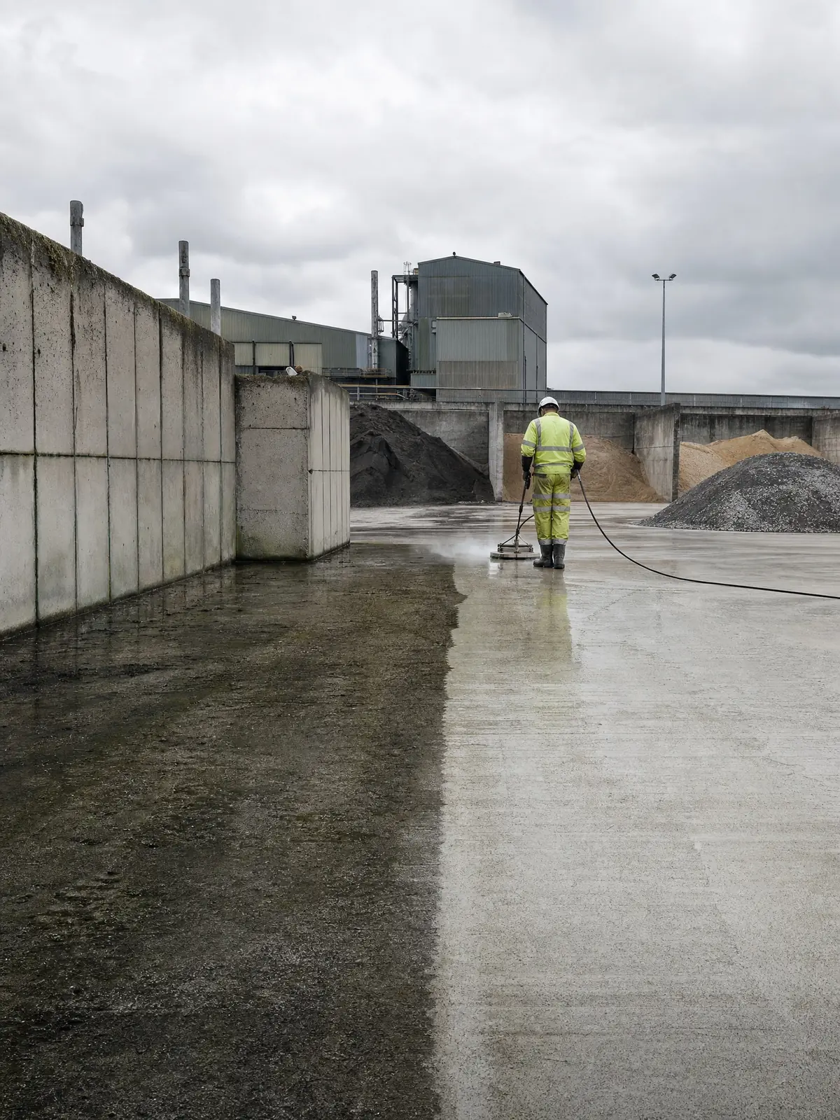 A grimy commercial yard half pressure-washed showing the difference