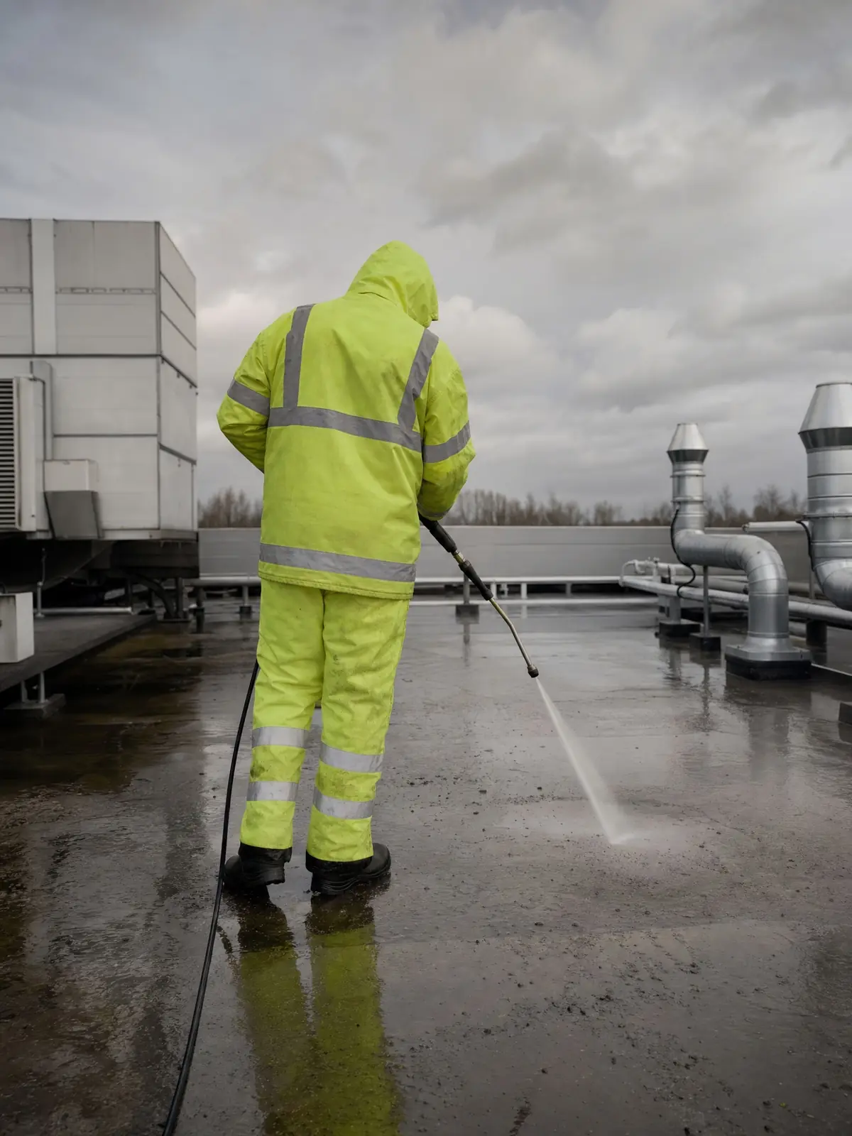 Cleaning a large flat industrial roof