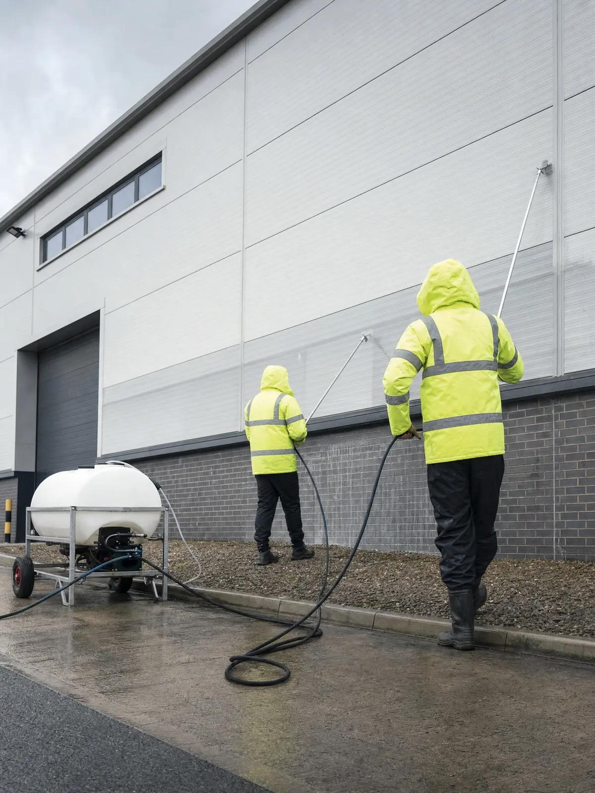 Operatives running a softwash system at a large commercial site