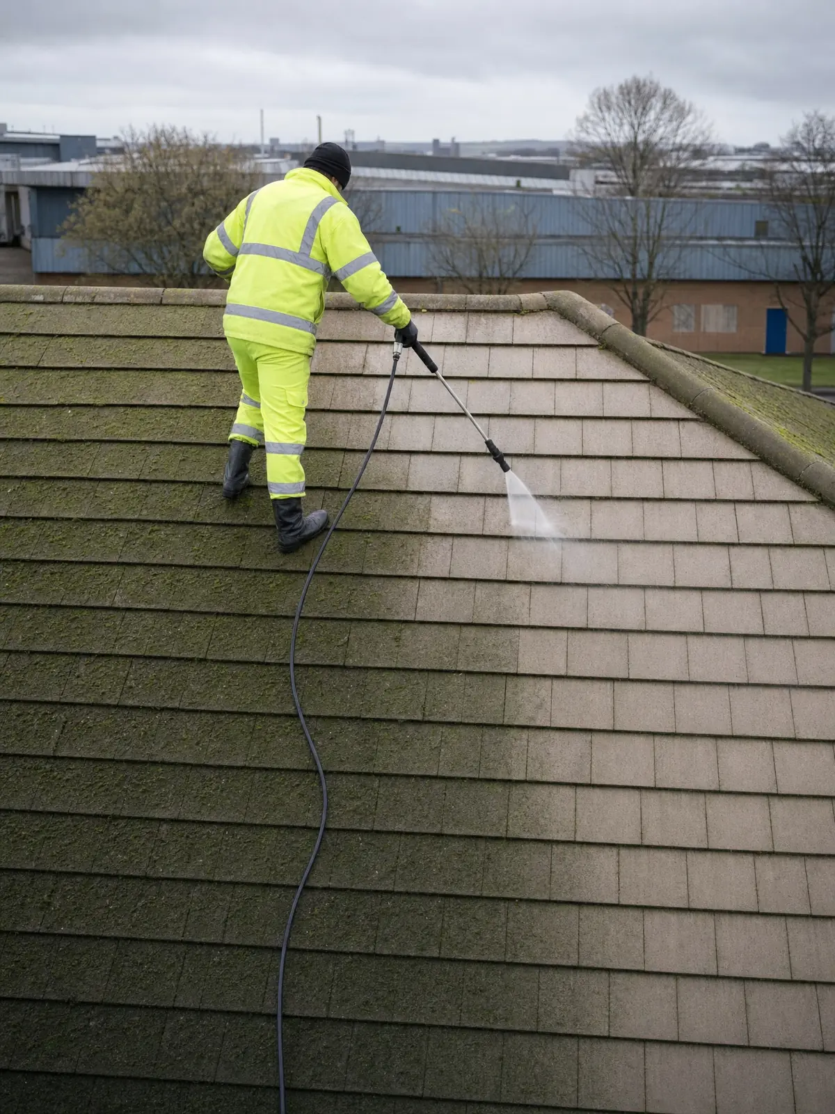 Softwashing a mossy pitched roof