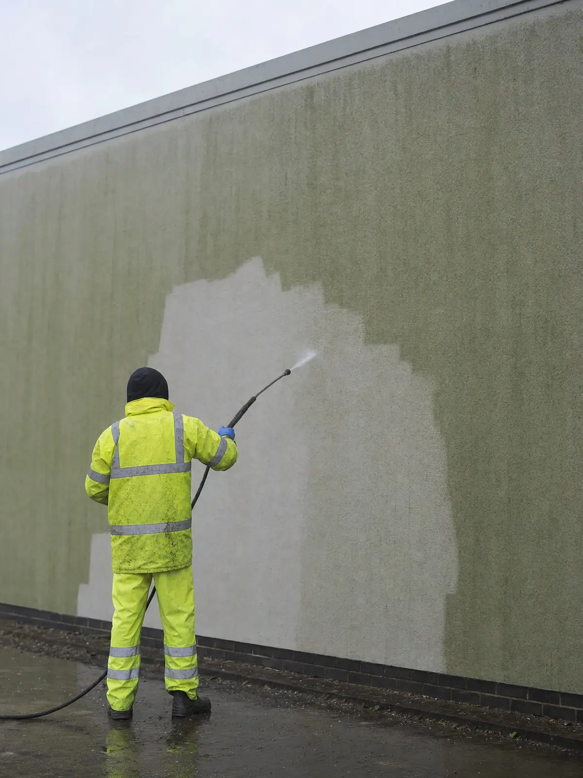 Softwash lifting green algae from a large render elevation
