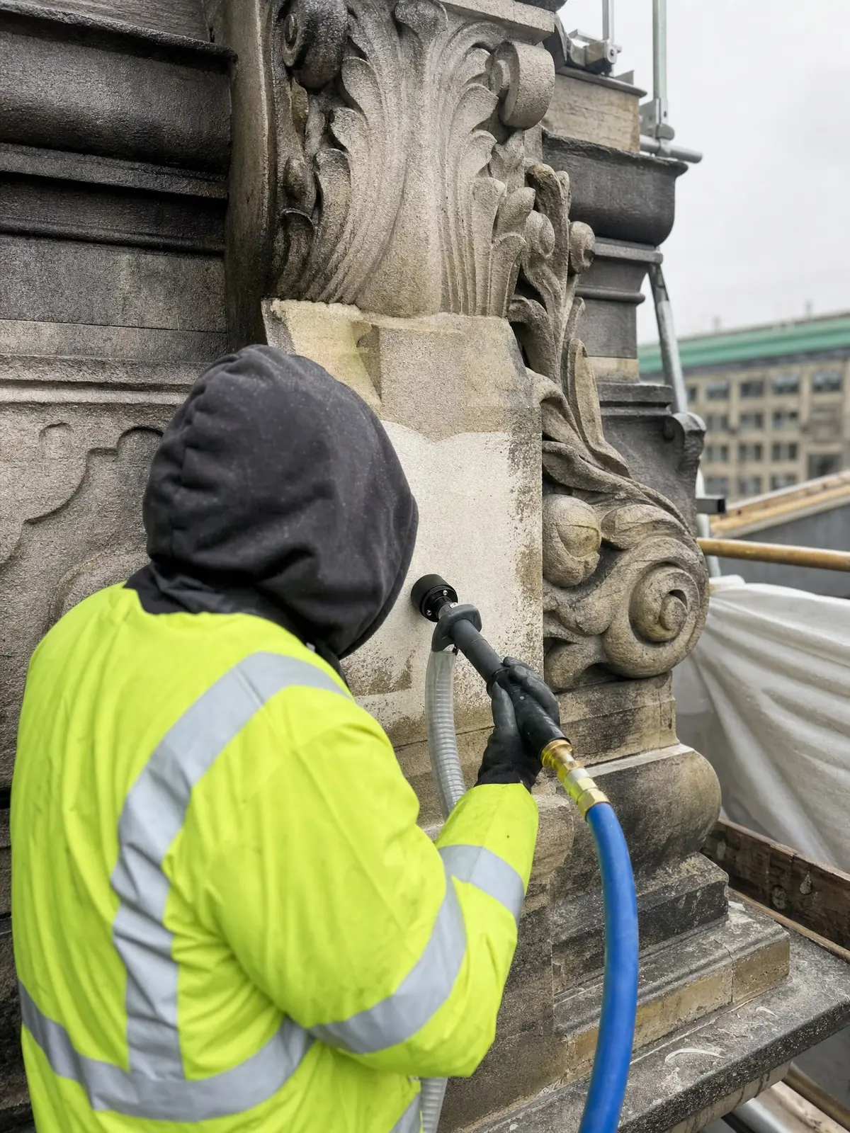 Operative carefully TORC cleaning ornate stone detailing