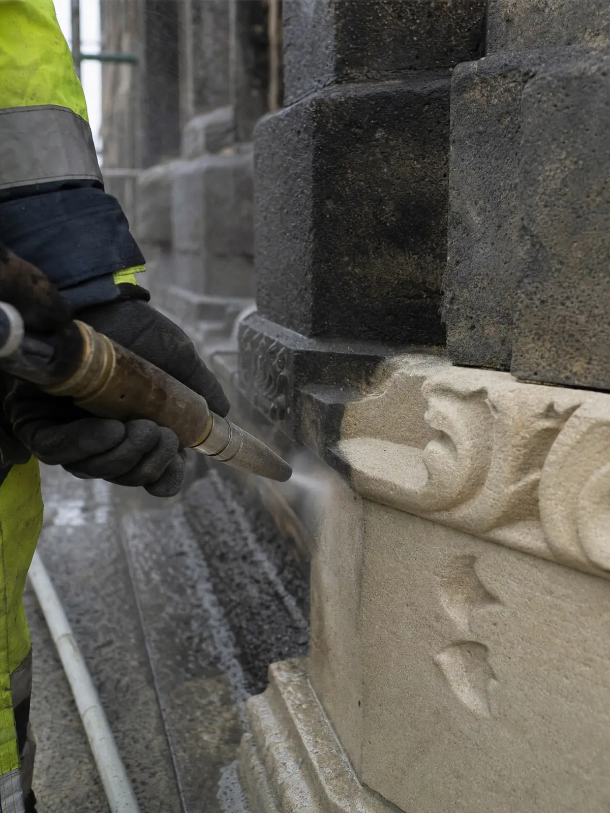 TORC swirl cleaning lifting soot and paint from stonework