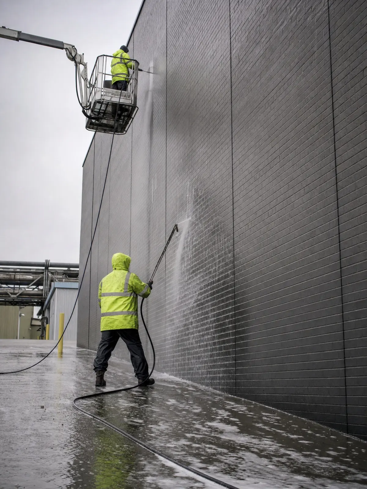 Specialist cleaning of a large masonry elevation alongside TORC work