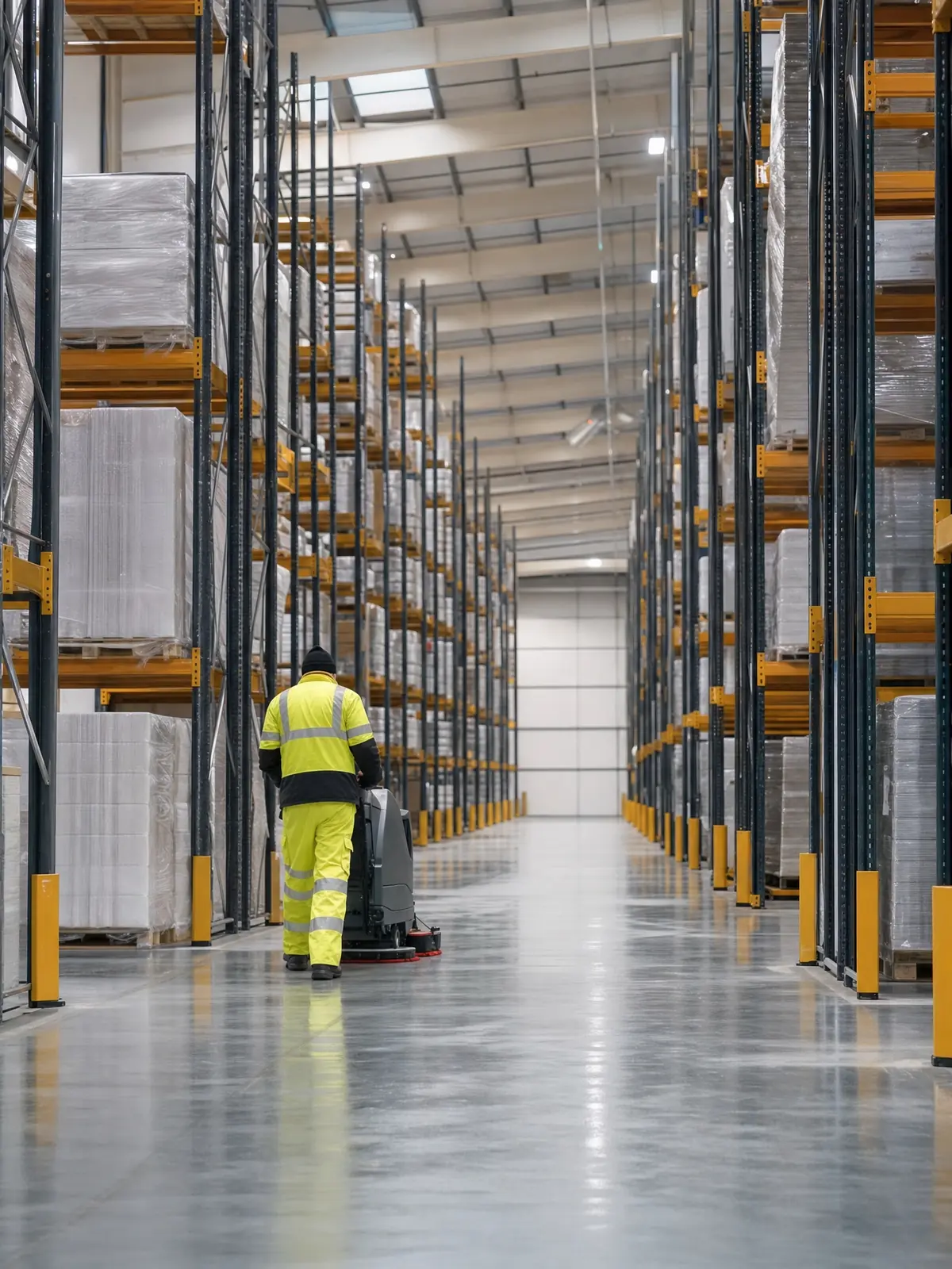 A clean warehouse interior with polished floor