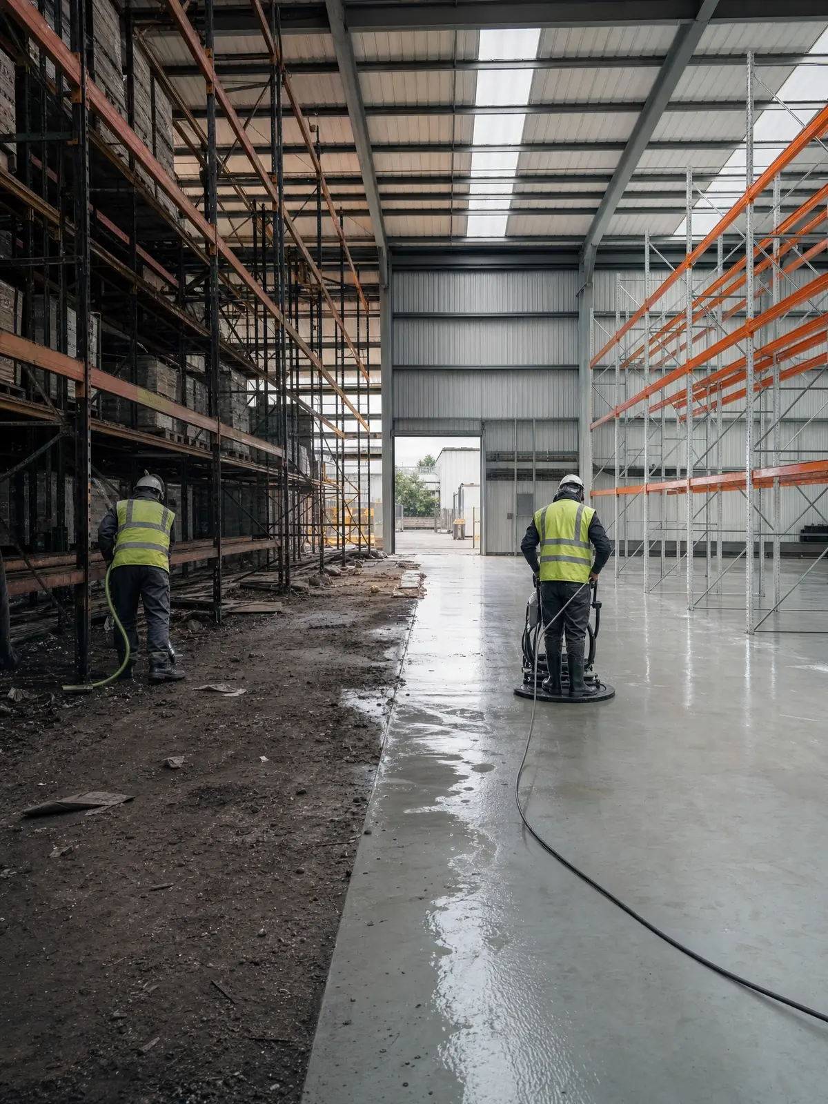 A warehouse interior mid-clean, dusty racking beside cleaned bays