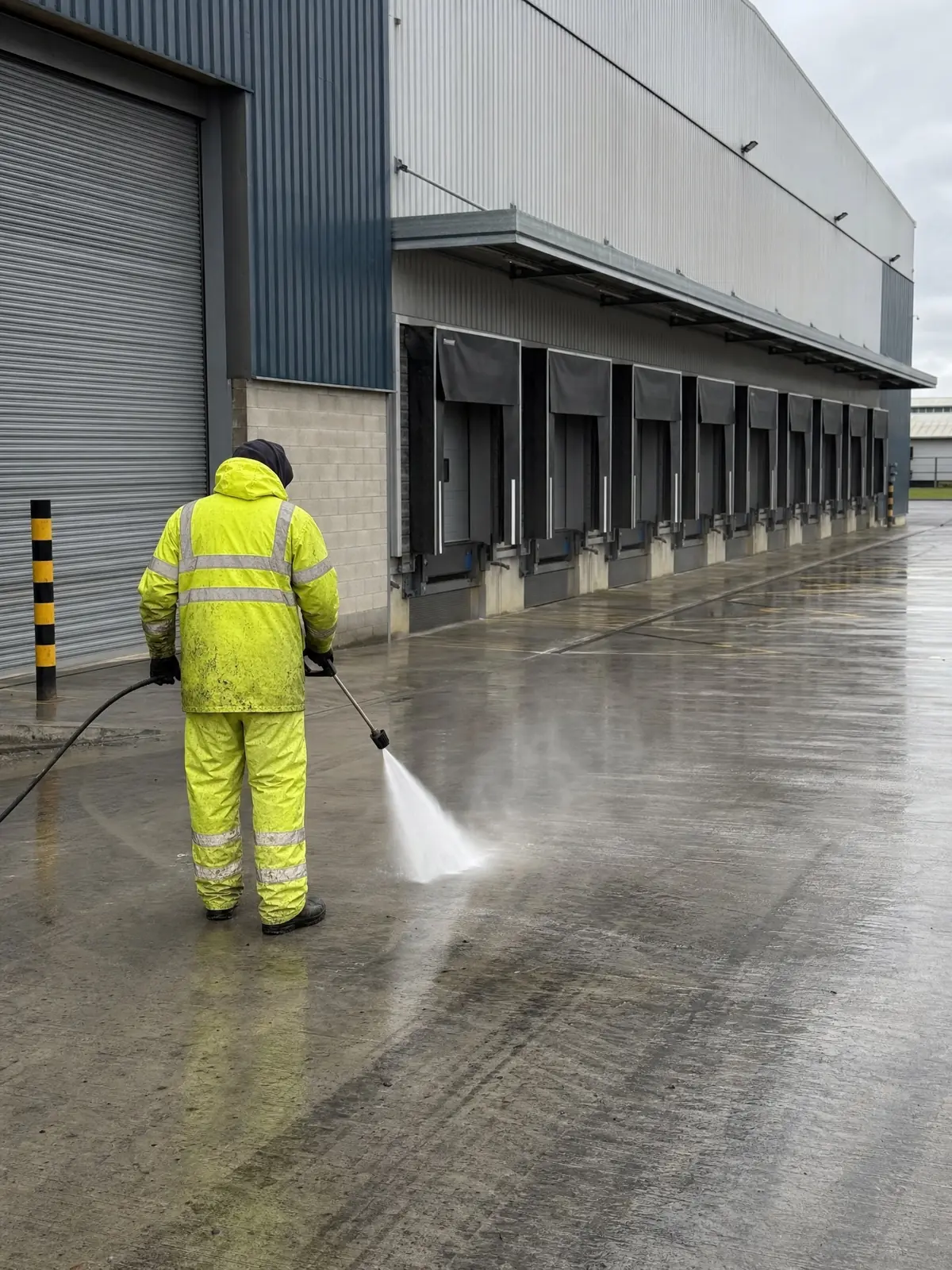 Pressure washing a warehouse loading yard